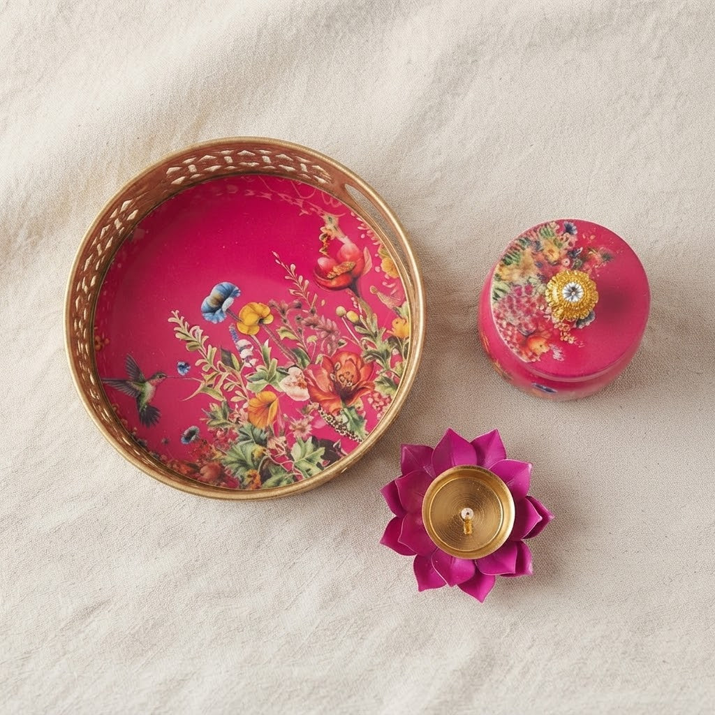 Handcrafted Pichwai Metal Decorative Tray Set with Steel Jar & Lotus Metal Diya (15cm) – Diwali & Festive Gift Pack