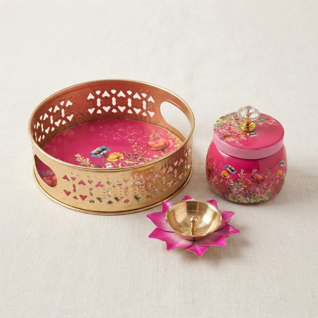 Handcrafted Pichwai Metal Decorative Tray Set with Steel Jar & Lotus Metal Diya (15cm) – Diwali & Festive Gift Pack