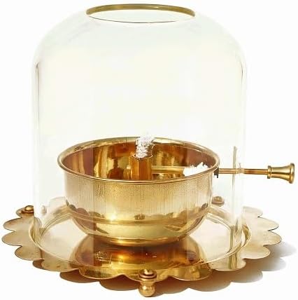 Traditional Akhand BRass  Diya for Mandir & Home Decor Oil Lamp with Glass Dome & Wick Holder |