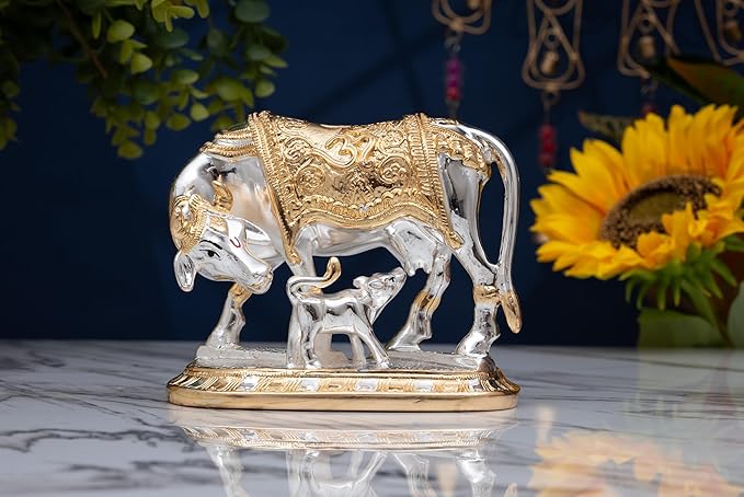 Kamdhenu Cow and Calf Idol – Silver & Gold Finish | Sacred Hindu Statue