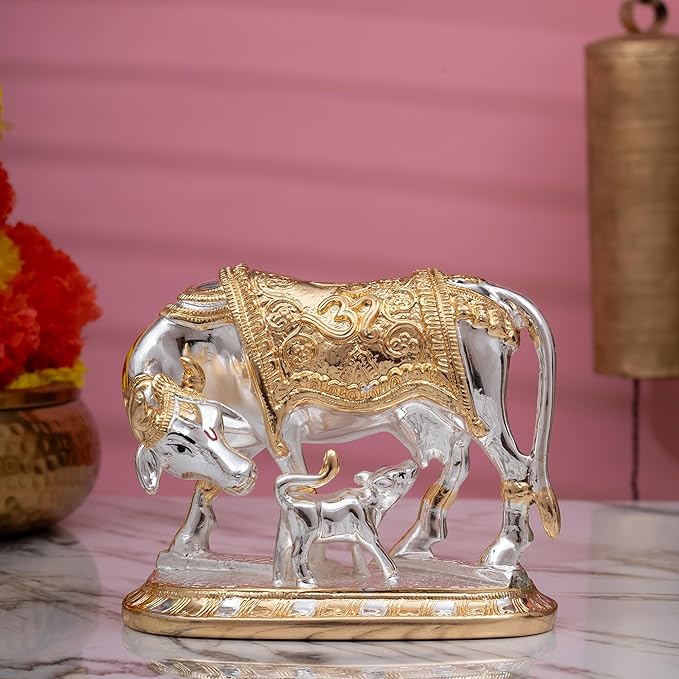 Kamdhenu Cow and Calf Idol – Silver & Gold Finish | Sacred Hindu Statue