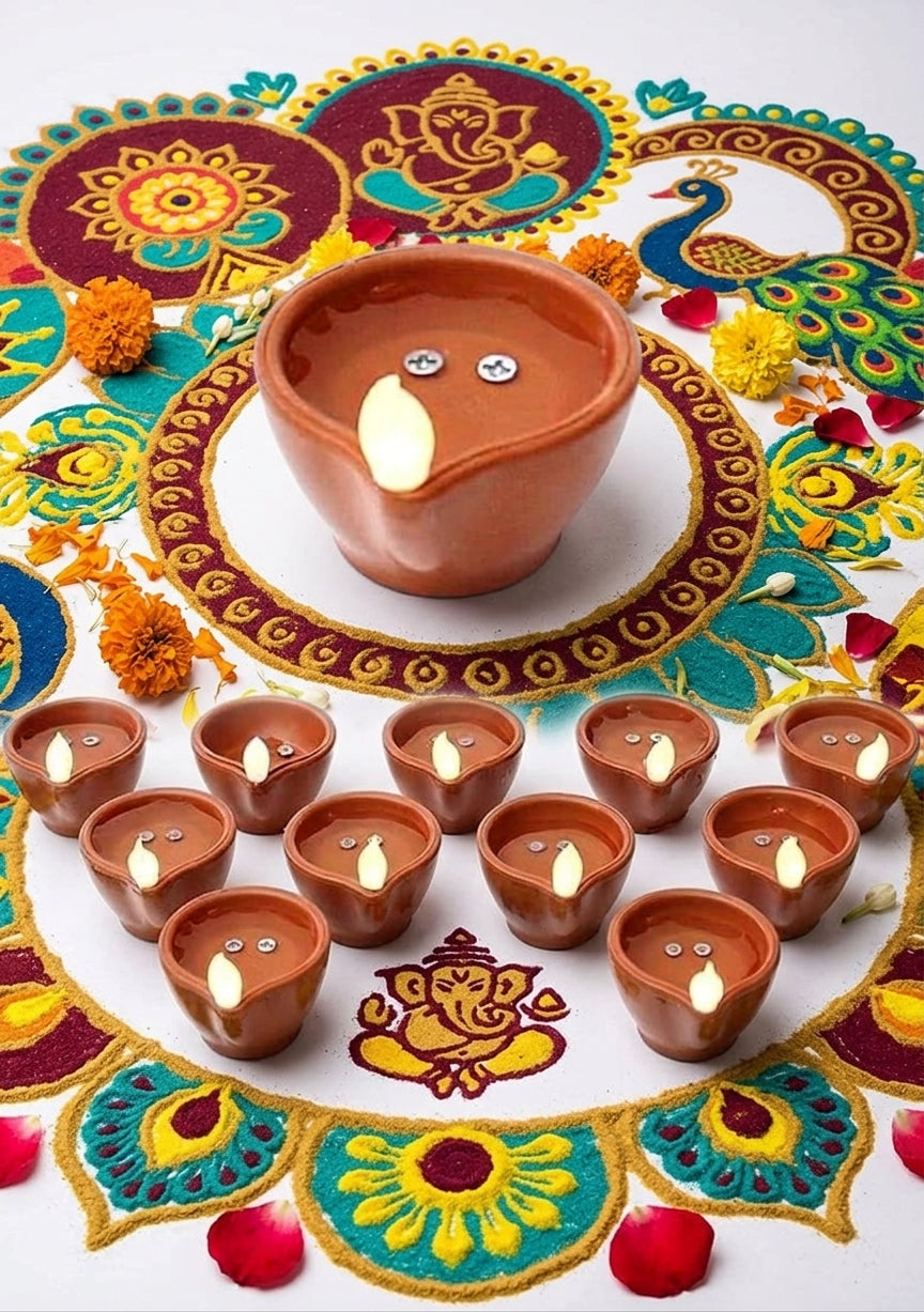 Peacock & Traditional Water Sensor LED Diya Pack of 12 - Flameless & Oilless Water-Activated Clay Light