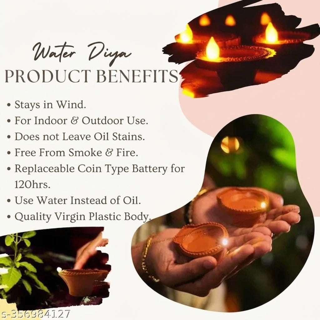 Peacock & Traditional Water Sensor LED Diya Pack of 12 - Flameless & Oilless Water-Activated Clay Light