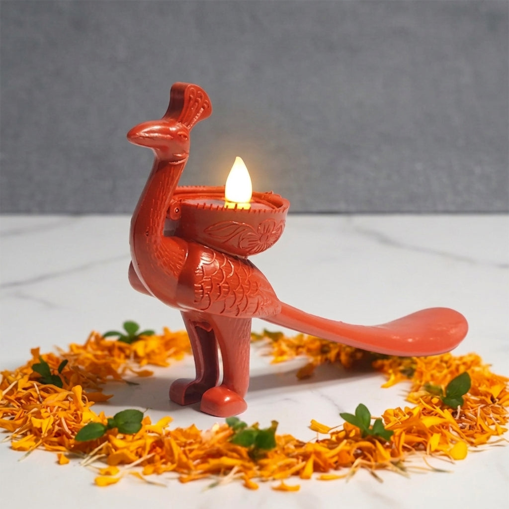 Peacock & Traditional Water Sensor LED Diya Pack of 12 - Flameless & Oilless Water-Activated Clay Light