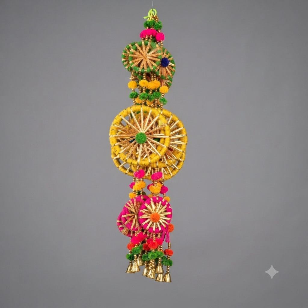 Multicolor Pom-Pom Tassel Bell Toran – Haldi Wedding Diwali Decor Pack of 8 | Giftculture