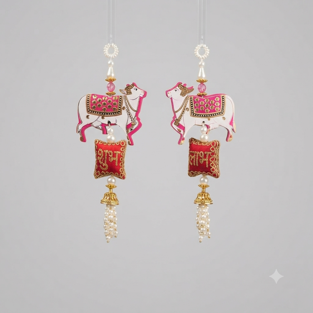 Shubh Labh Cow Door Hanging Set of 2, 8 inch, Diwali & Wedding Decor