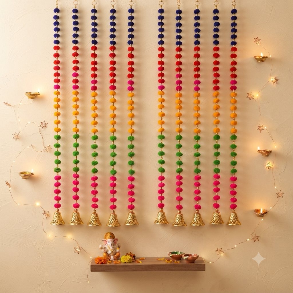 Multi-Color Pom-Pom Door Hanging Garland Pack of 8 for Festival Decor