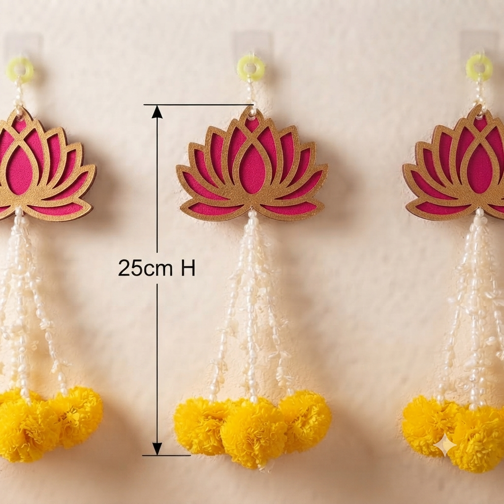 Lotus Hanging with Yellow Marigold Flowers Home Décor, Pooja Room Decoration Items, Diwali Décor, Diwali Decoration Items for Home Decor (Pack of 10)