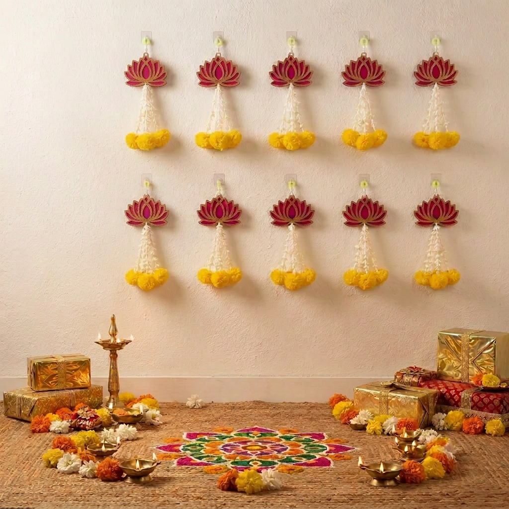Lotus Hanging with Yellow Marigold Flowers Home Décor, Pooja Room Decoration Items, Diwali Décor, Diwali Decoration Items for Home Decor (Pack of 10)