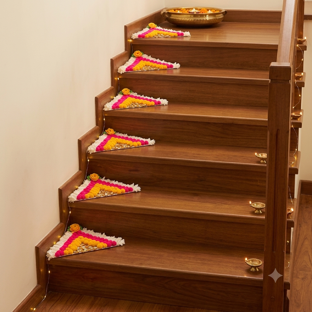 Decorative Stair Rangoli Mat Set – 6‑Piece Colourful Traditional Stair Décor