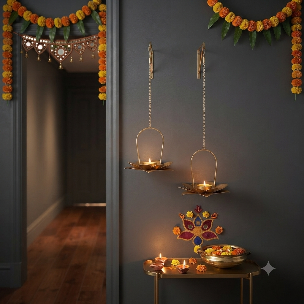Gold Metal Hanging Lotus Tealight Candle Holder – 30cm Height
