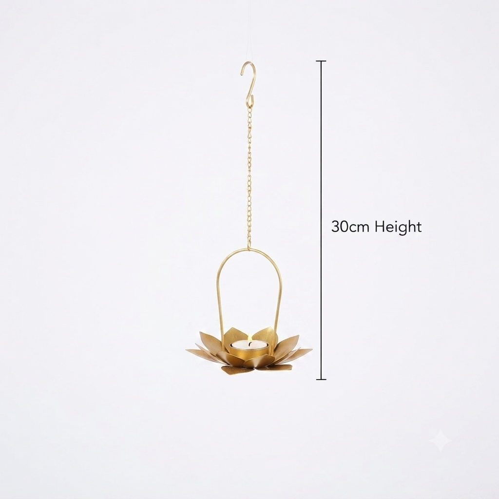 Gold Metal Hanging Lotus Tealight Candle Holder – 30cm Height