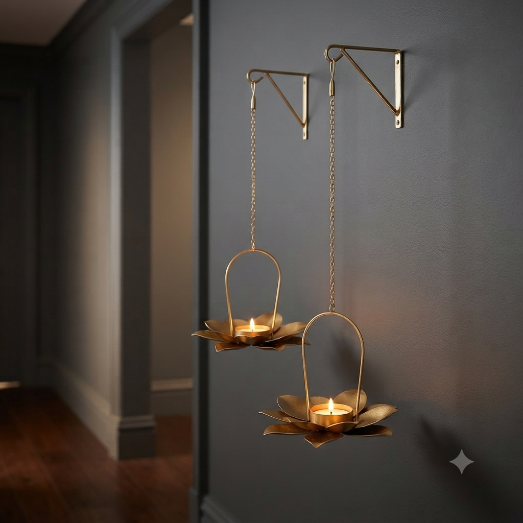 Gold Metal Hanging Lotus Tealight Candle Holder – 30cm Height