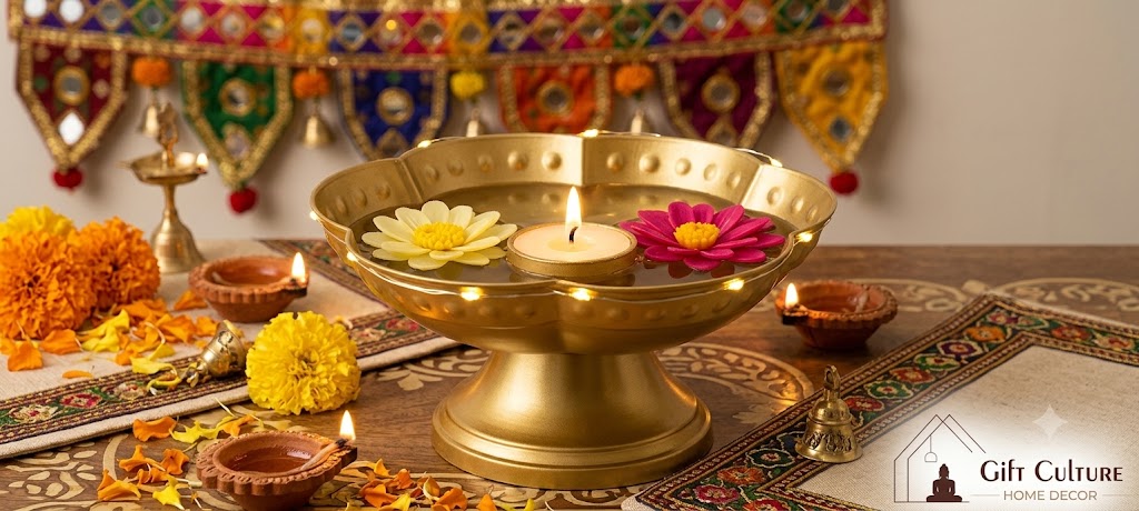 Gold-Finish Metal Tealight Décor Bowl – 11cm Height x 15cm wide(bowl) Floral Accent