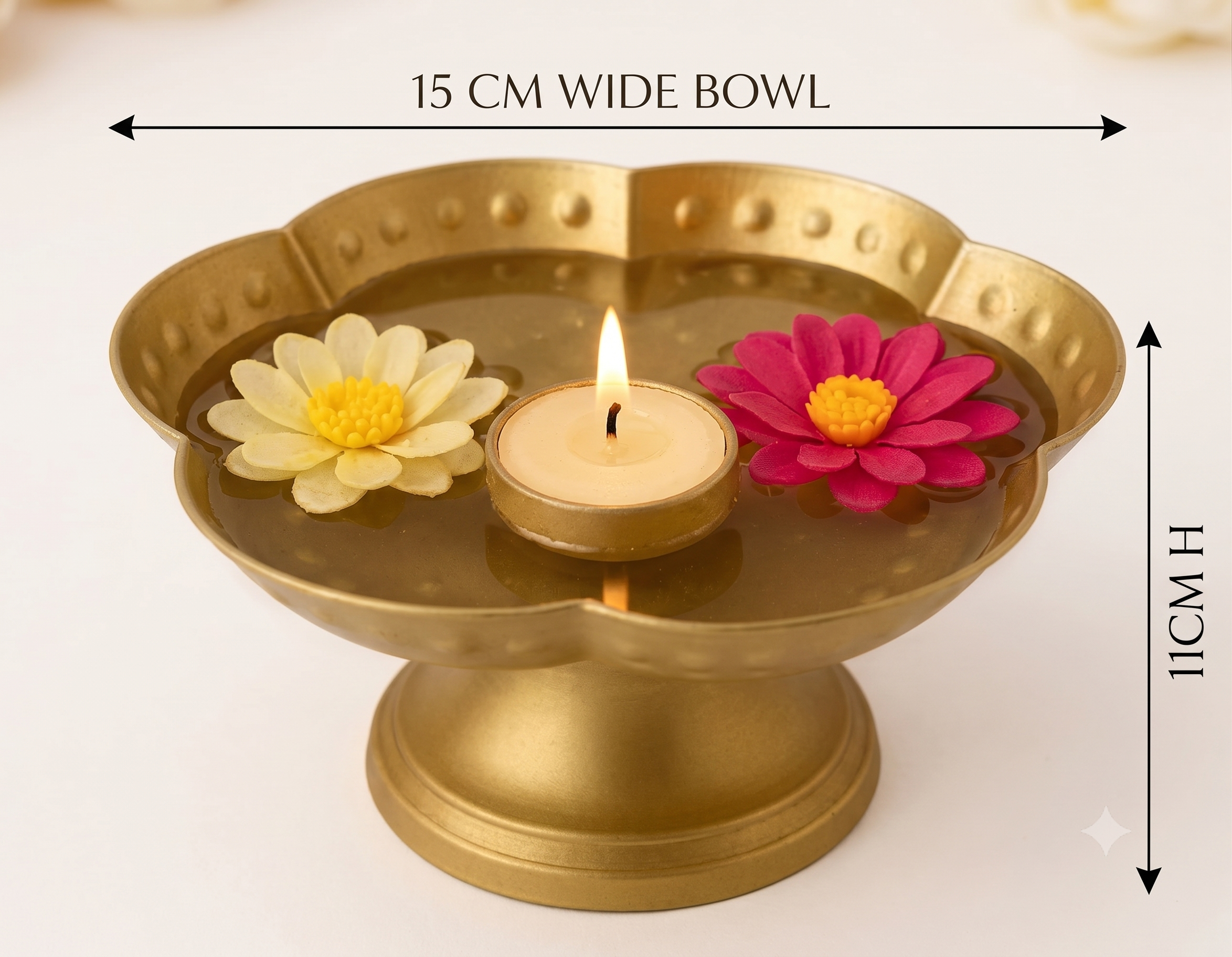 Gold-Finish Metal Tealight Décor Bowl – 11cm Height x 15cm wide(bowl) Floral Accent