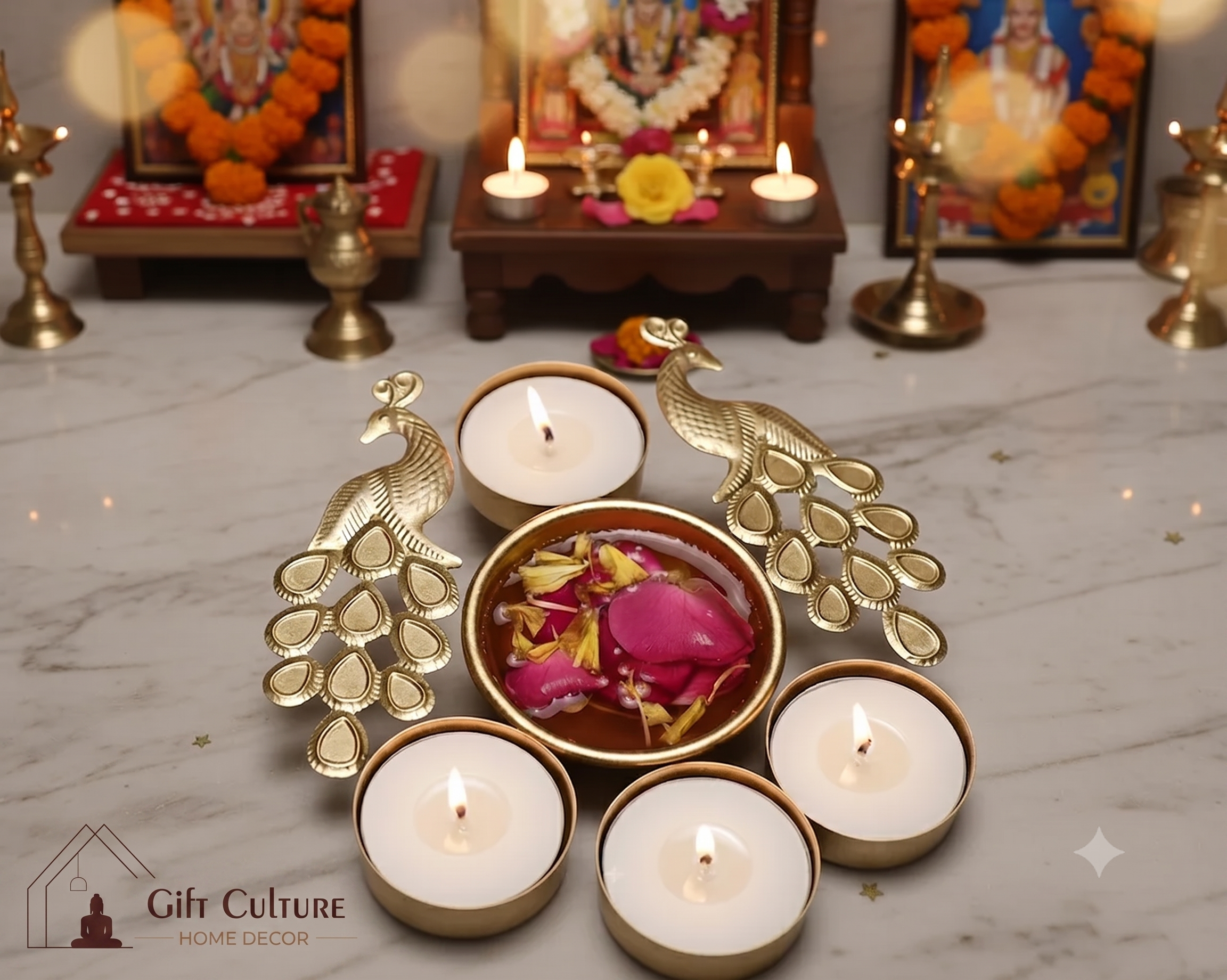 Gold Metal Festive Tealight & Diya Holder Collection – Home Décor Set
