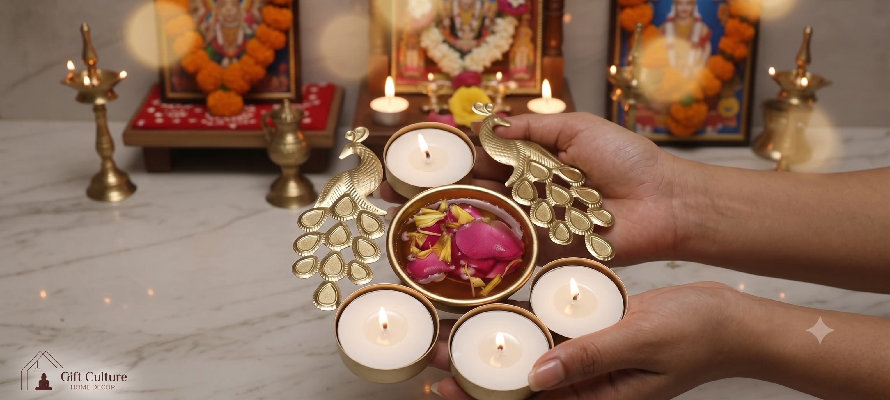 Gold Metal Festive Tealight & Diya Holder Collection – Home Décor Set