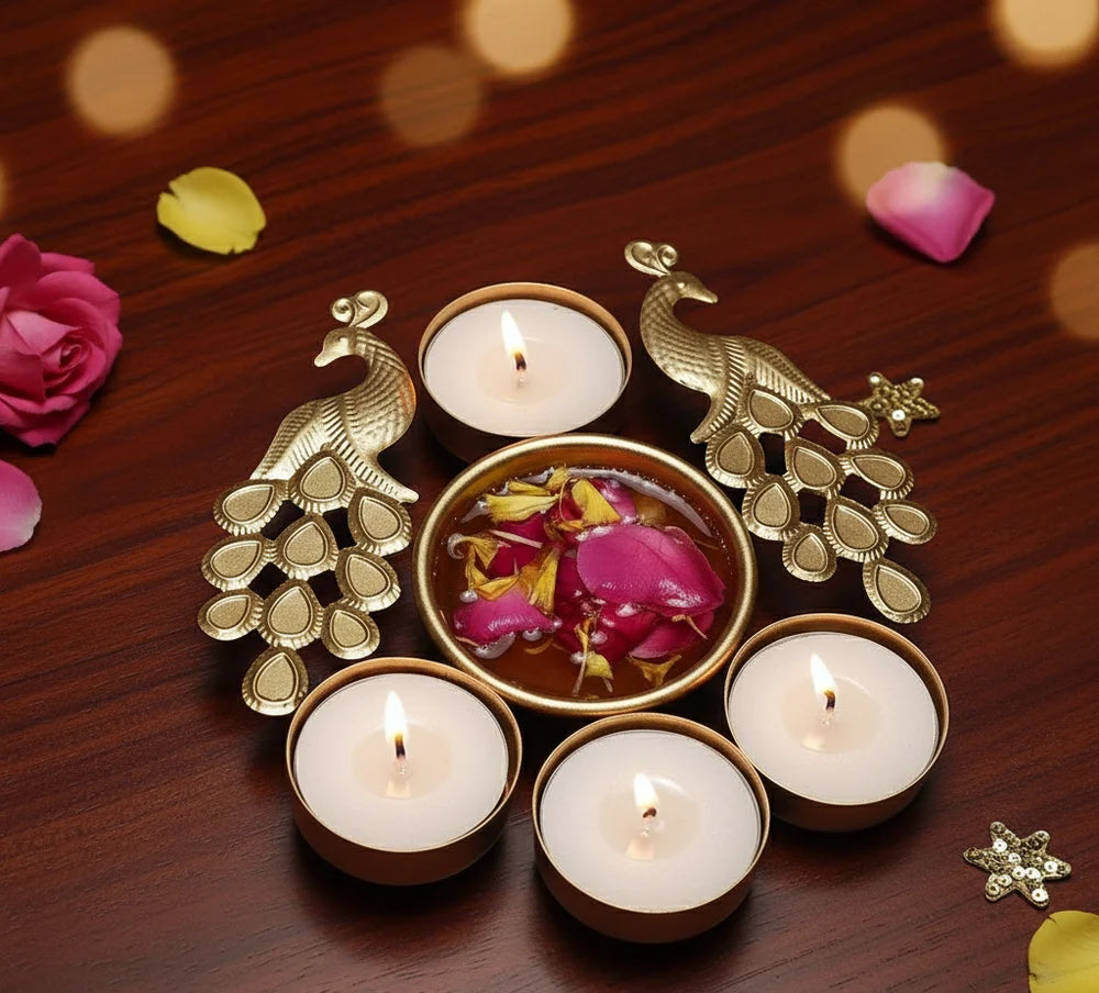 Gold Metal Festive Tealight & Diya Holder Collection – Home Décor Set
