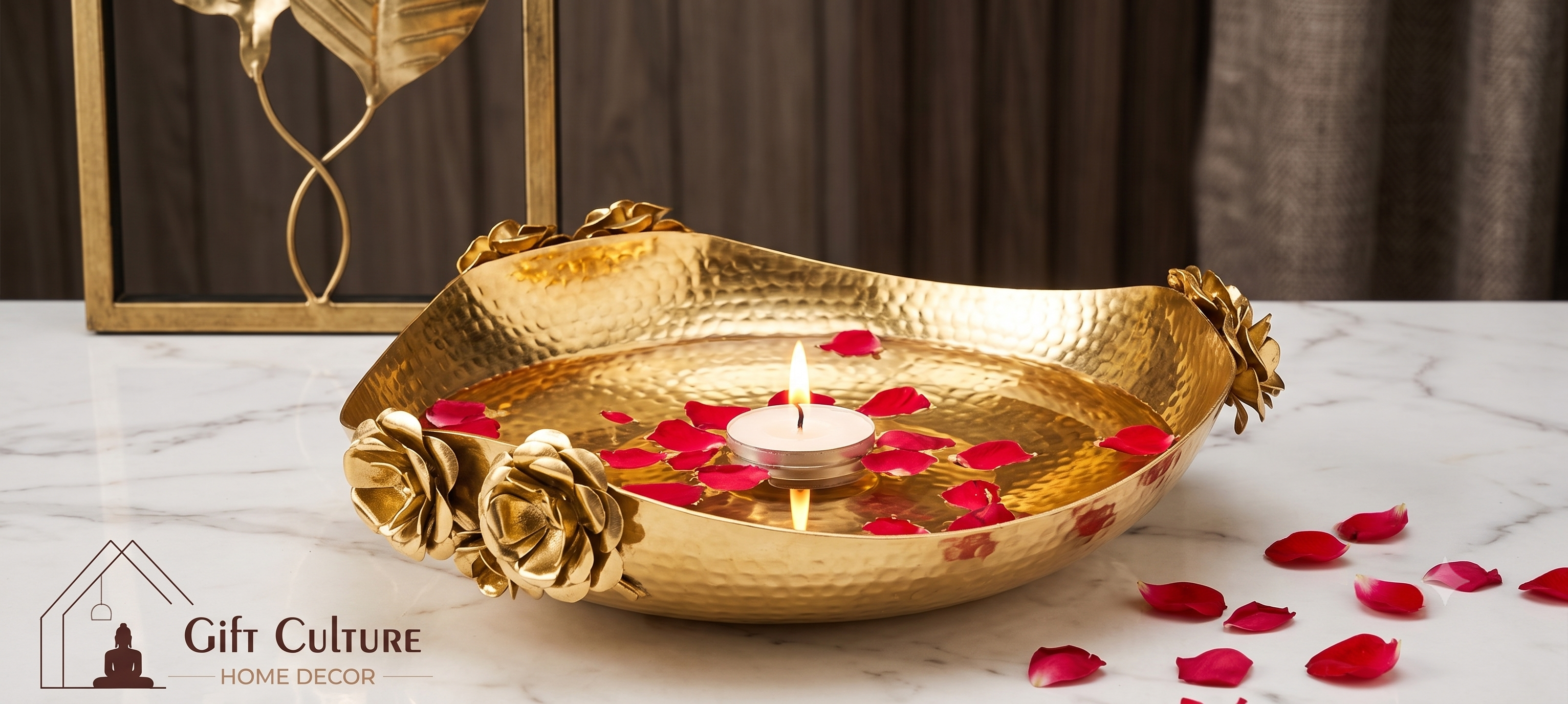 Gold Metal Floral Tealight Bowl Set – Elegant Home & Festive Décor (Set of 2)