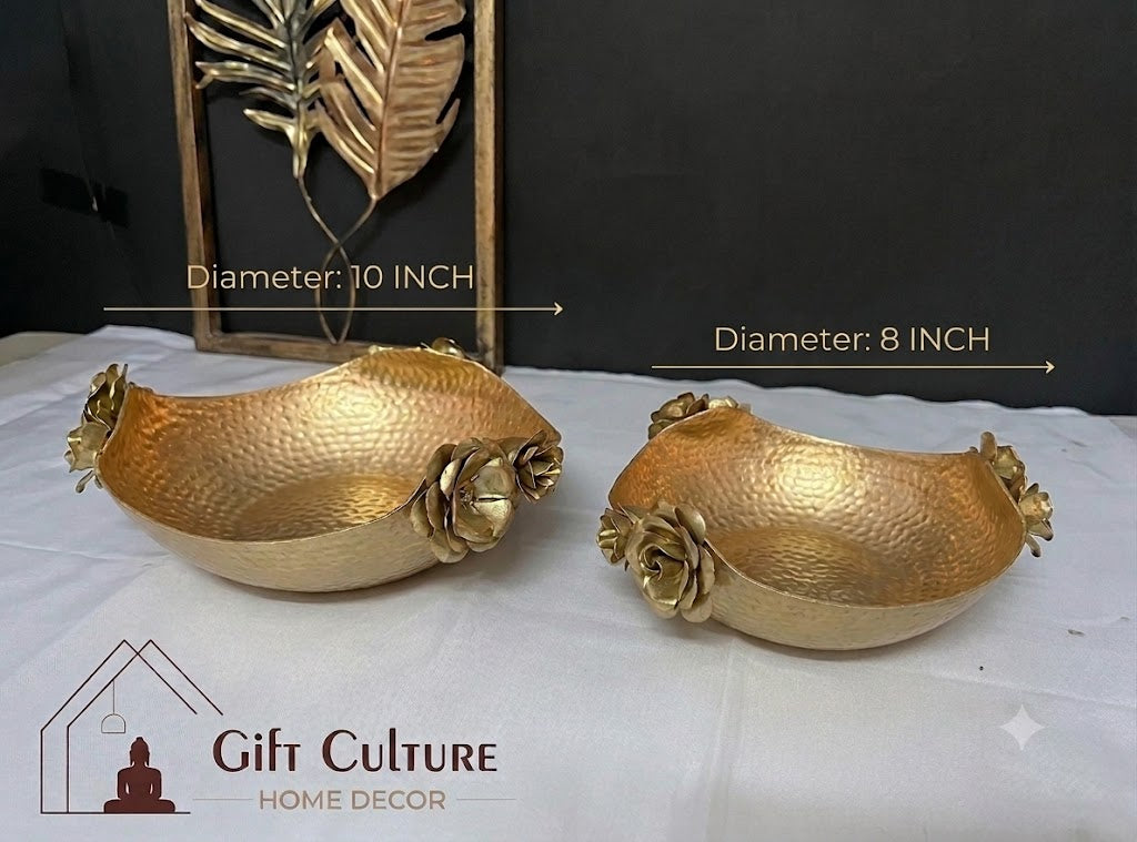 Gold Metal Floral Tealight Bowl Set – Elegant Home & Festive Décor (Set of 2)