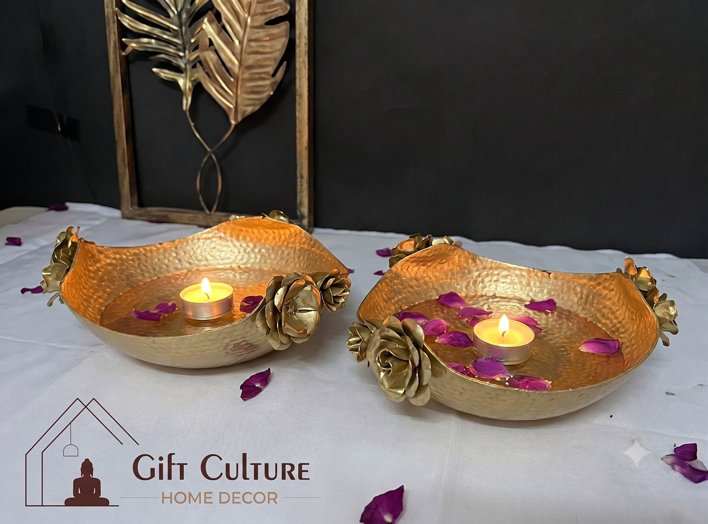 Gold Metal Floral Tealight Bowl Set – Elegant Home & Festive Décor (Set of 2)