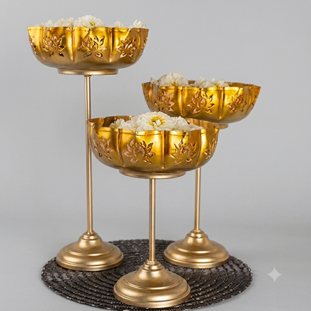 Gold Metal Urli Goblet Set – Elegant Decorative Home Décor (Set of 3)