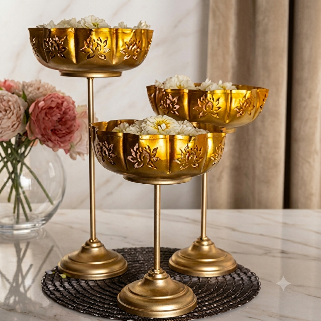 Gold Metal Urli Goblet Set – Elegant Decorative Home Décor (Set of 3)