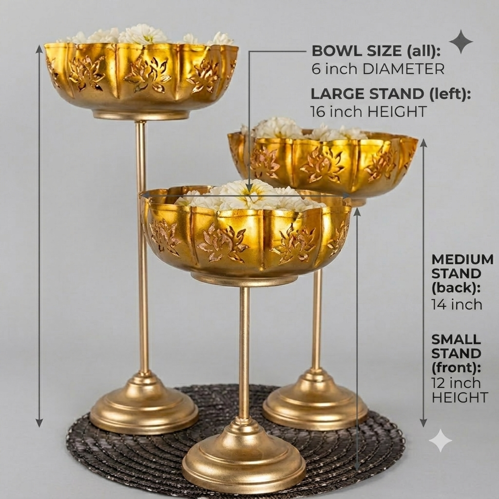 Gold Metal Urli Goblet Set – Elegant Decorative Home Décor (Set of 3)