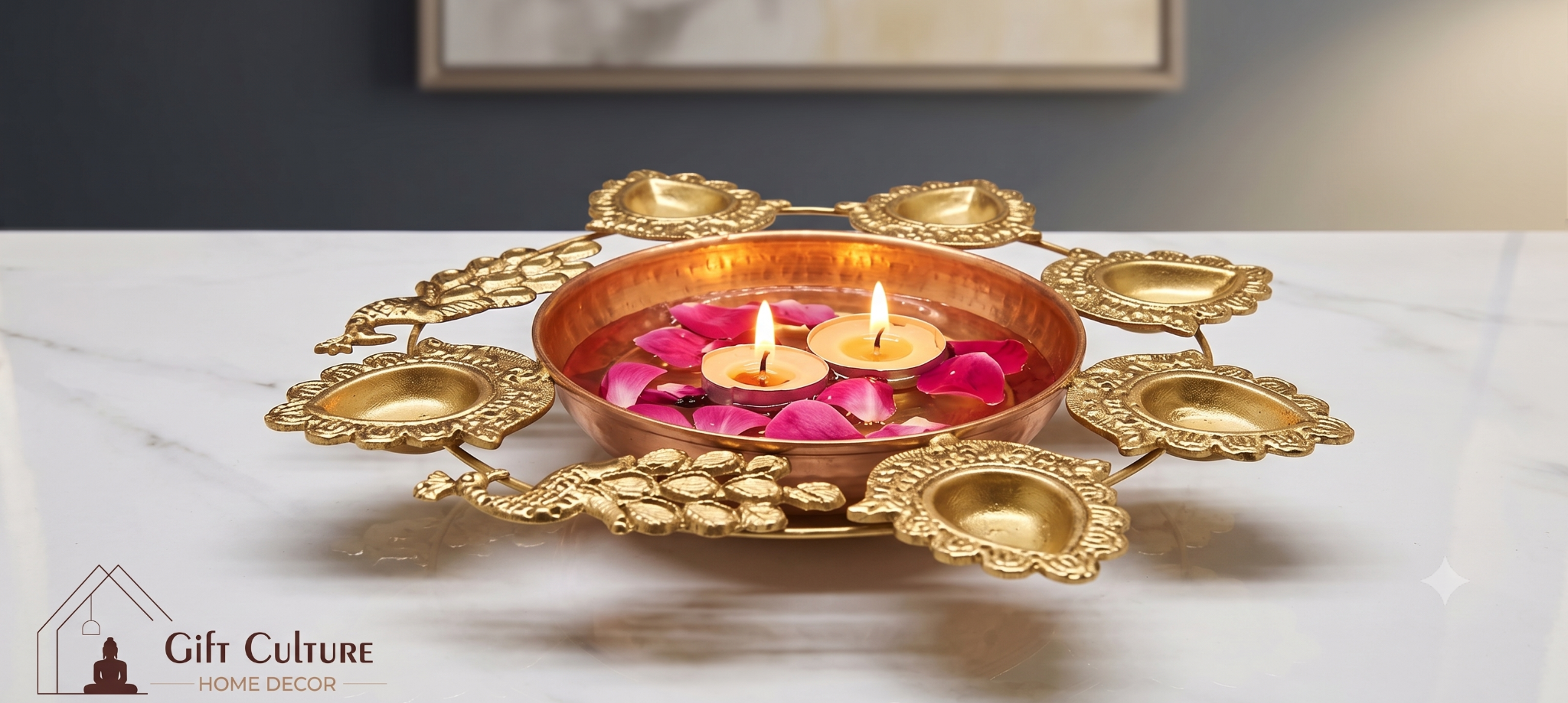 Gold-Finish Metal Peacock Urli with 6 Tealight Holders – 30cm