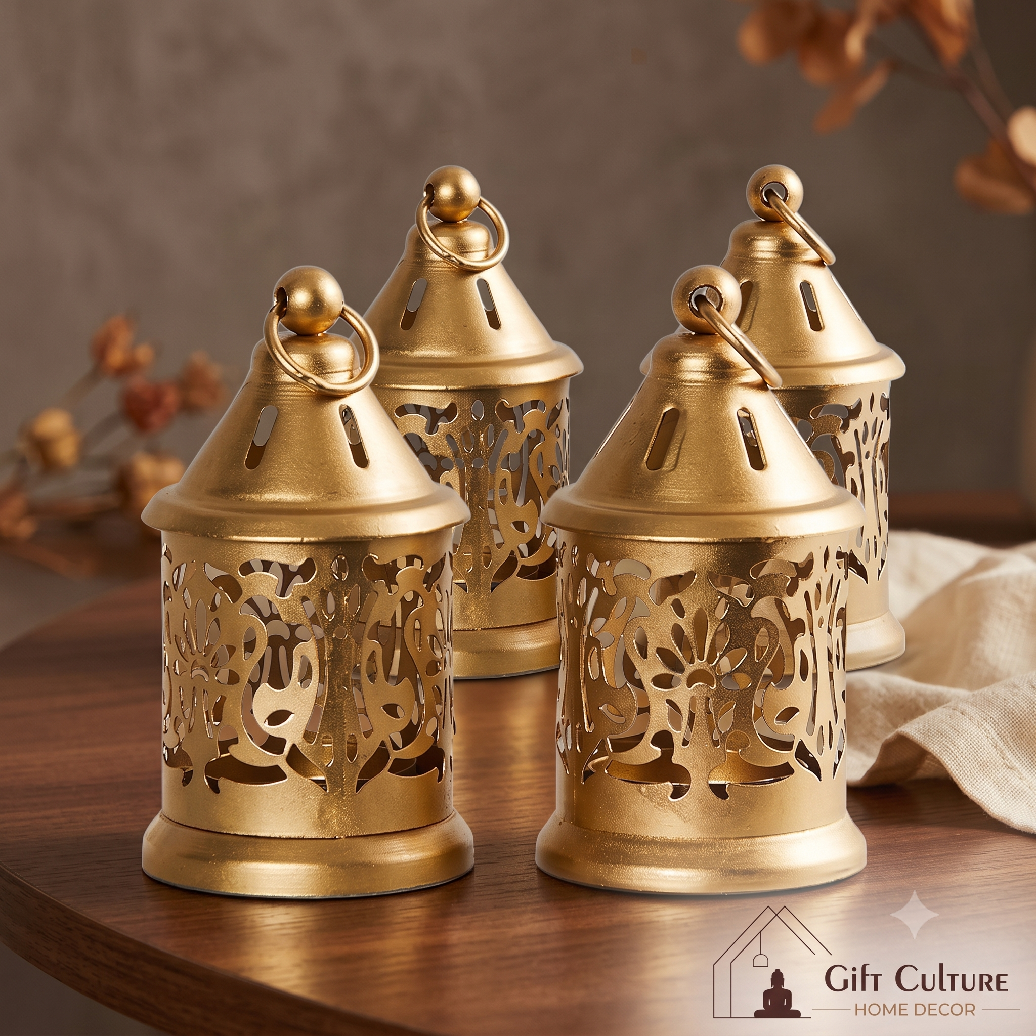 Gold Metal Tealight Lantern – Decorative Home & Festive Décor