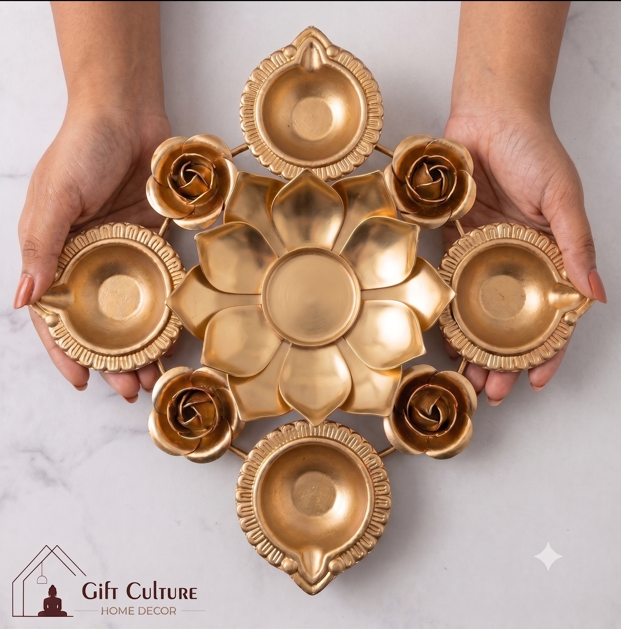 Gold Metal Festive Tealight & Diya Holder Collection – Home Décor Set