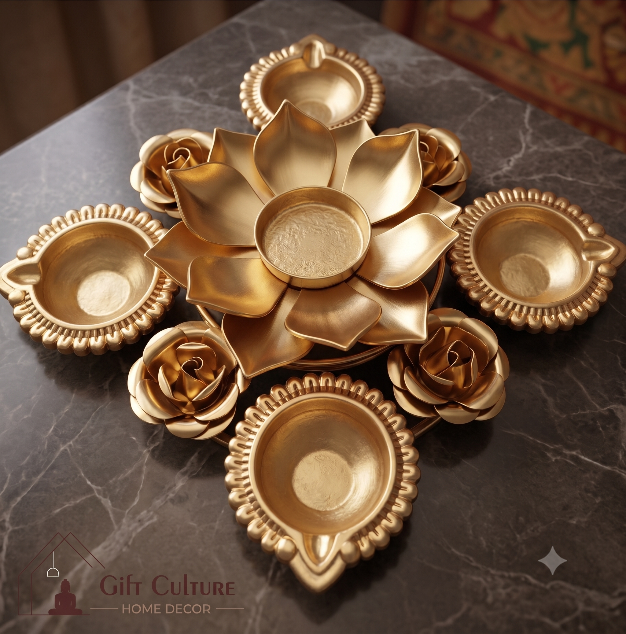 Gold Metal Festive Tealight & Diya Holder Collection – Home Décor Set