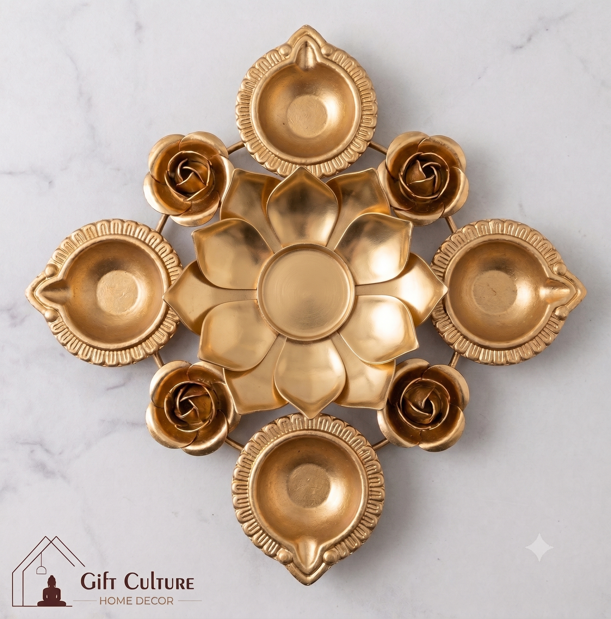 Gold Metal Festive Tealight & Diya Holder Collection – Home Décor Set