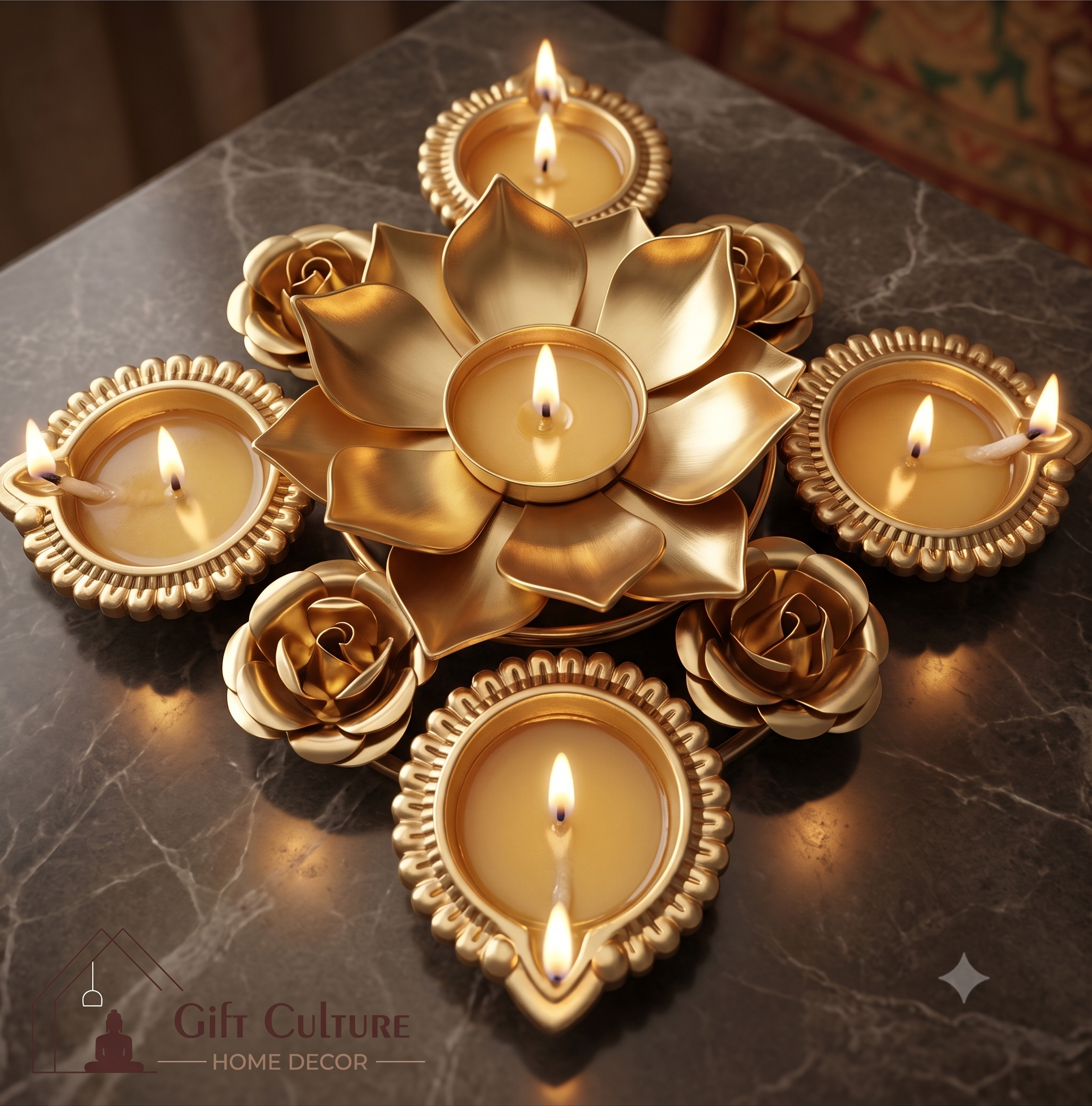 Gold Metal Festive Tealight & Diya Holder Collection – Home Décor Set