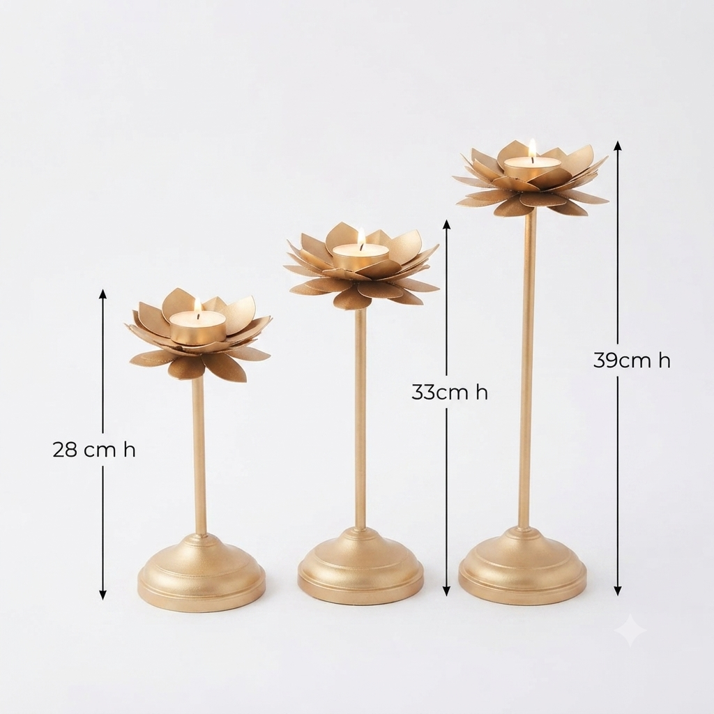 Gold Metal Lotus Candle Holder Sets – Premium 3-Piece Decorative Décor