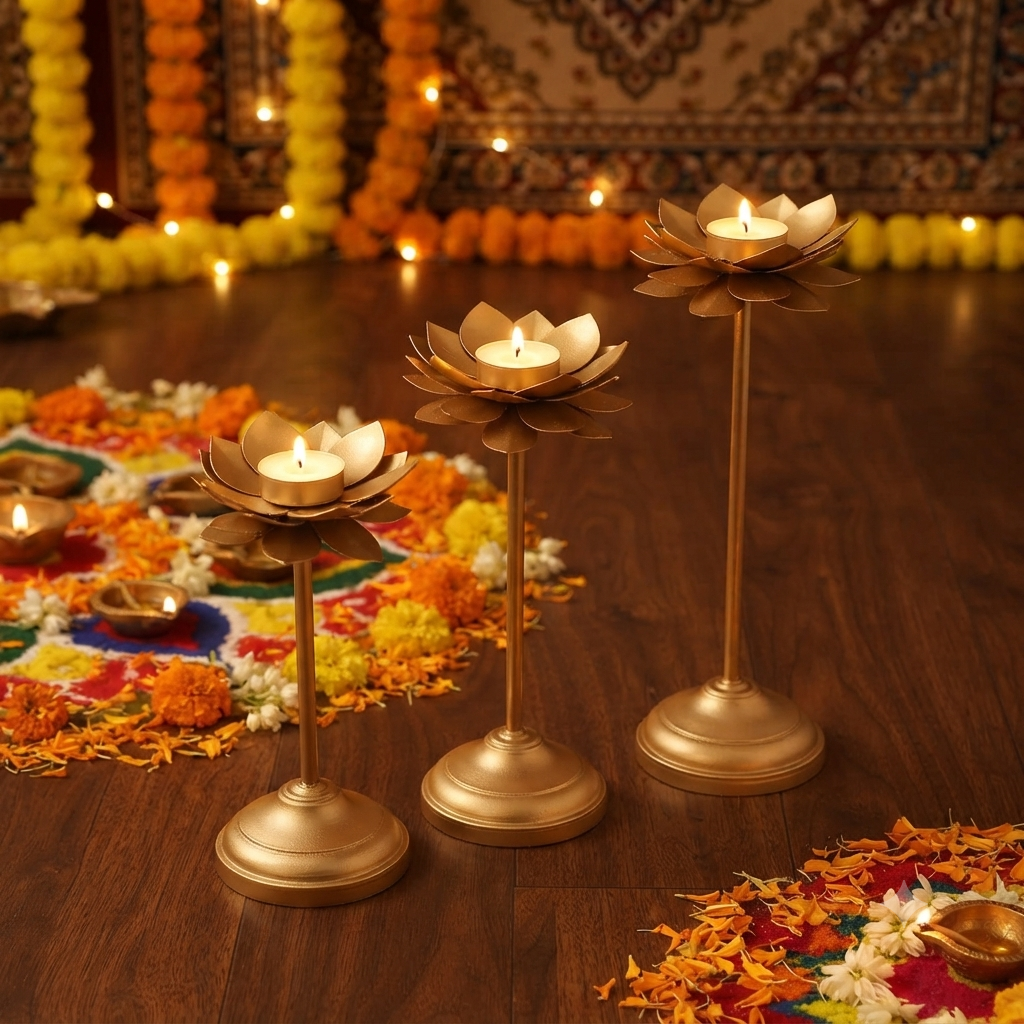 Gold Metal Lotus Candle Holder Sets – Premium 3-Piece Decorative Décor