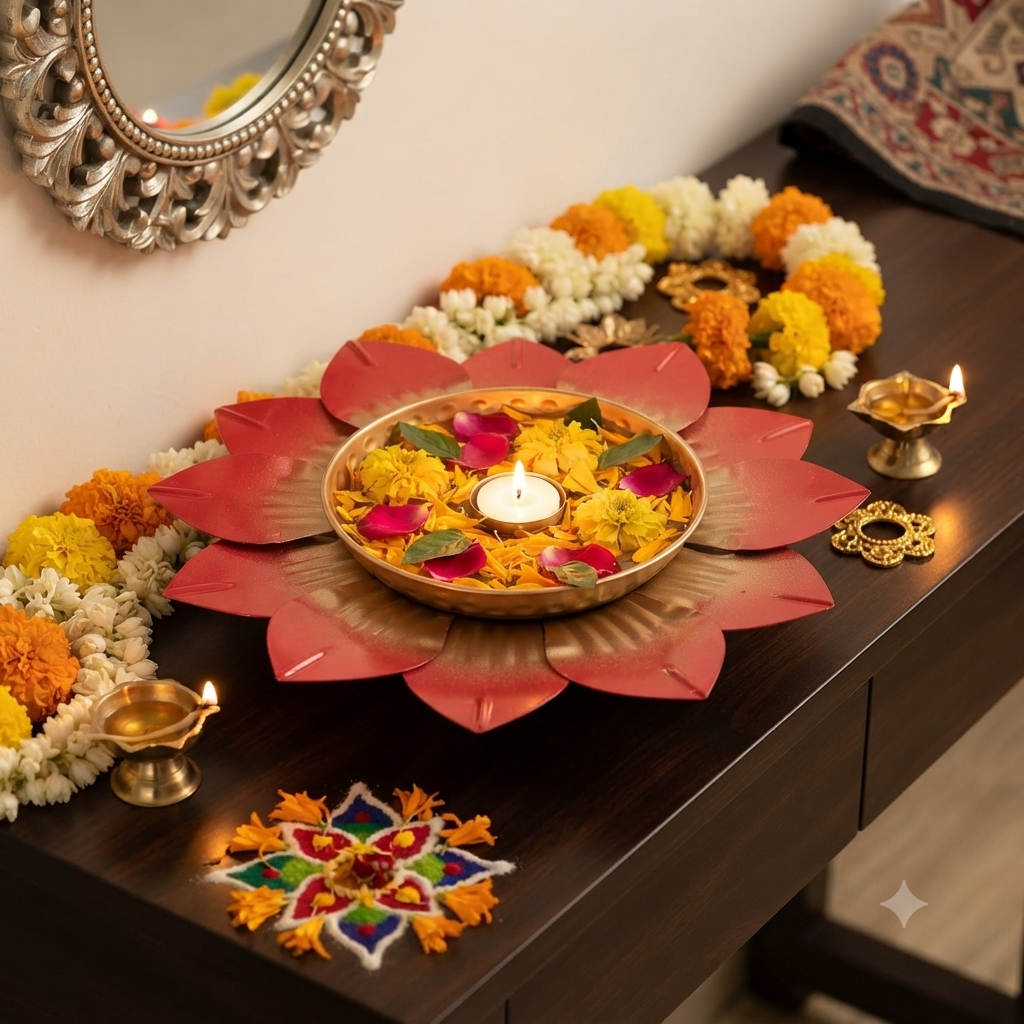 Metal Lotus Urli Tray – 30CM Decorative Festive Home Décor (2 Colours)
