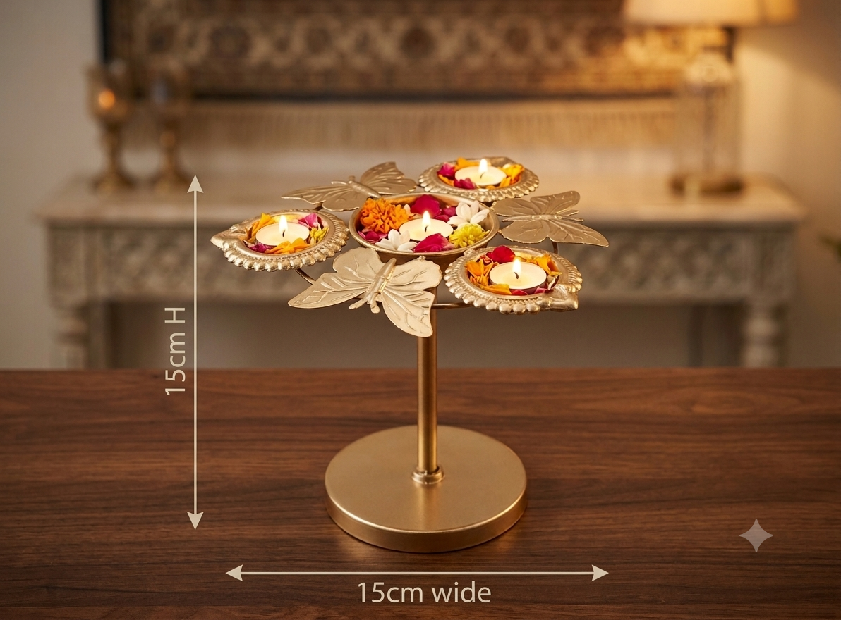 Gold Metal Floral Diya Stand – 15CM Decorative Tealight Holder (2 Designs)