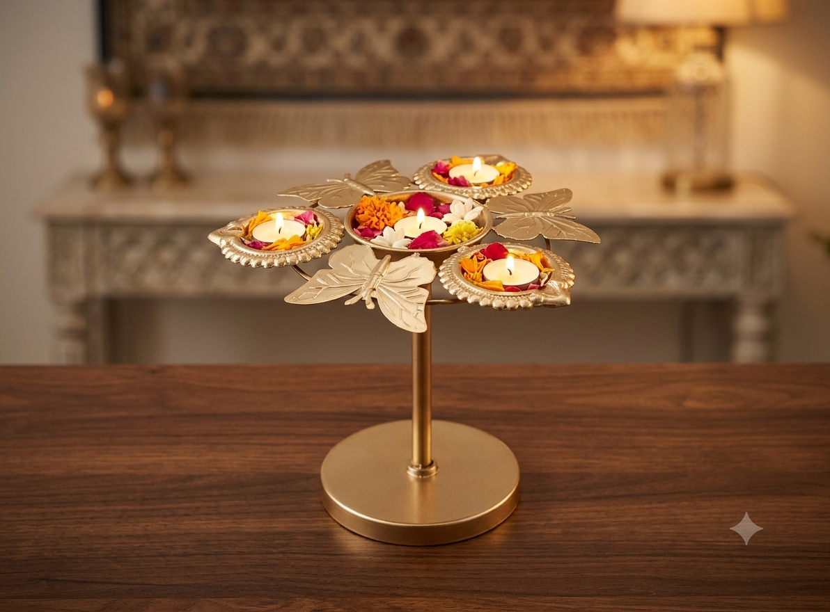 Gold Metal Floral Diya Stand – 15CM Decorative Tealight Holder (2 Designs)