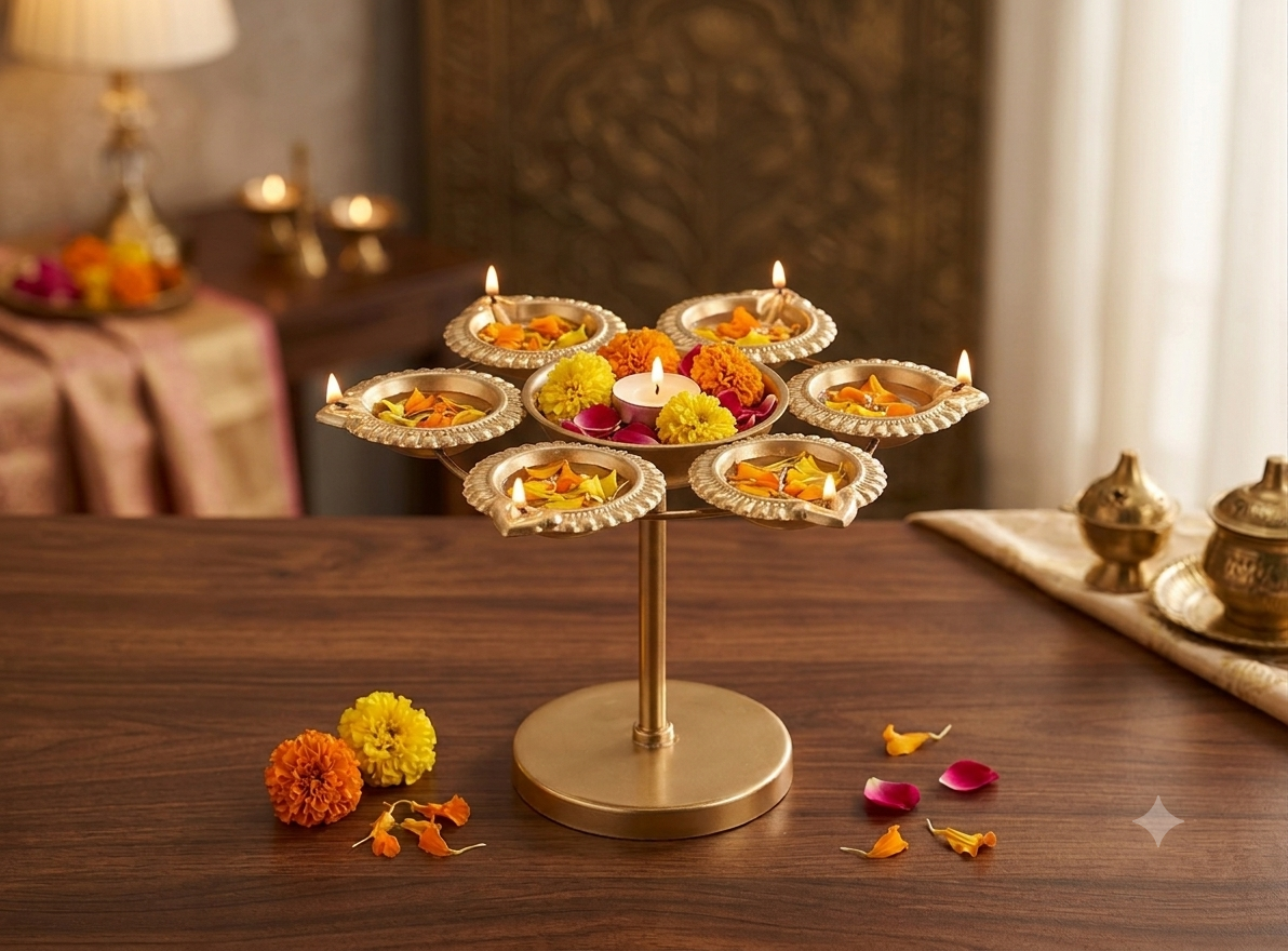 Gold Metal Floral Diya Stand – 15CM Decorative Tealight Holder (2 Designs)