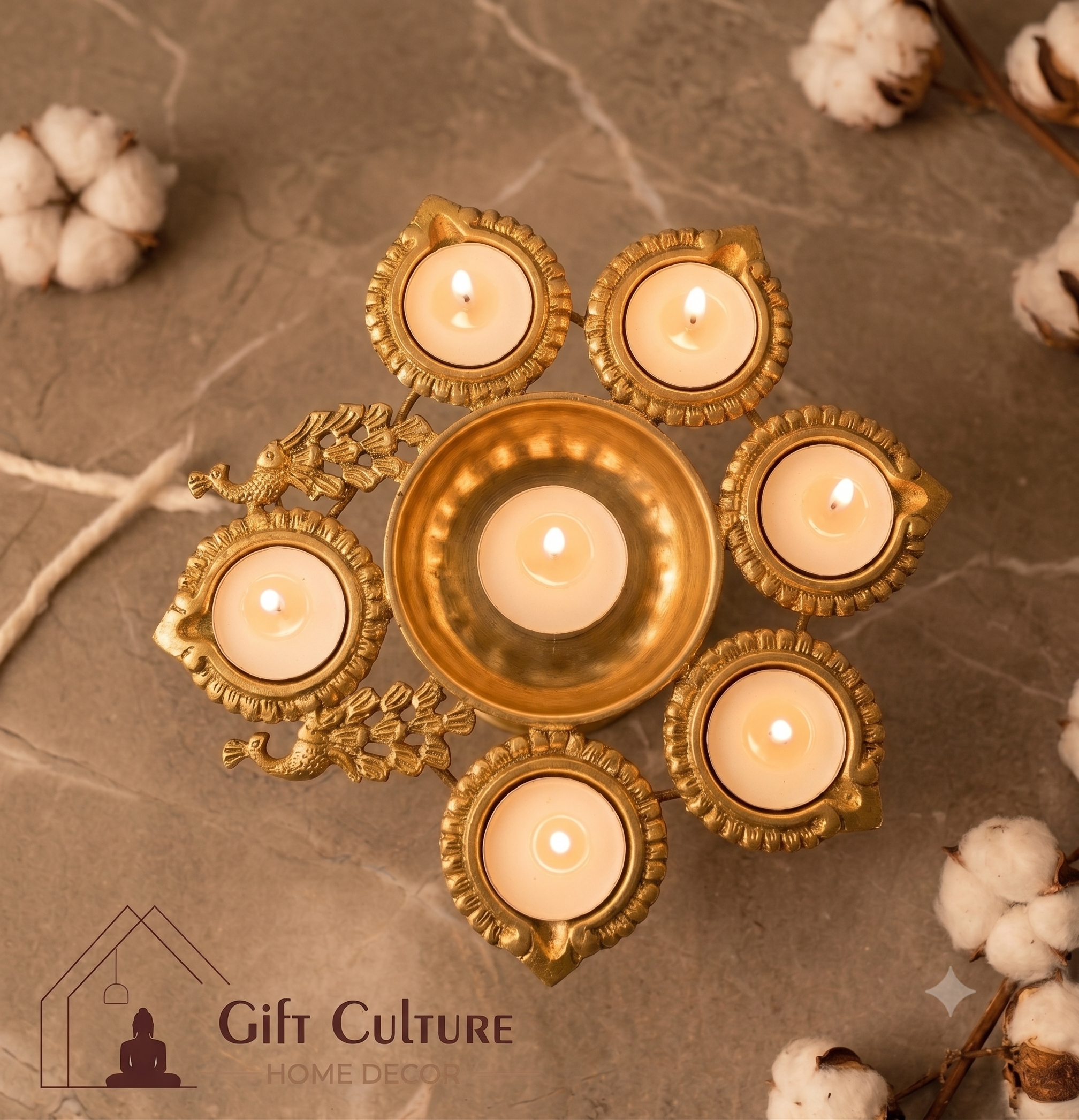 Gold Metal Festive Tealight & Diya Holder Collection – Home Décor Set