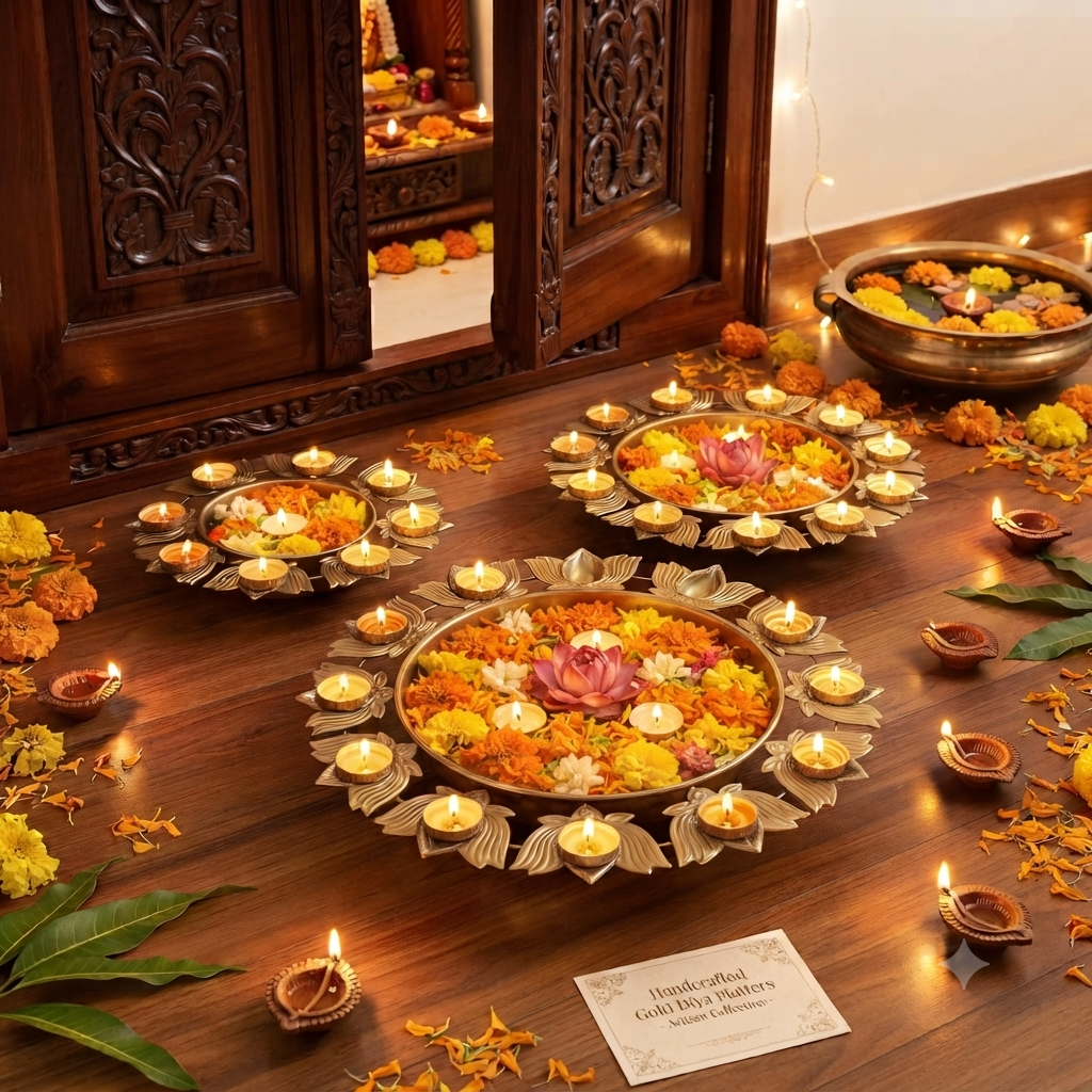 Gold Metal Urli & Diya Platter Collection – Premium Festive Home Décor (5 Designs)