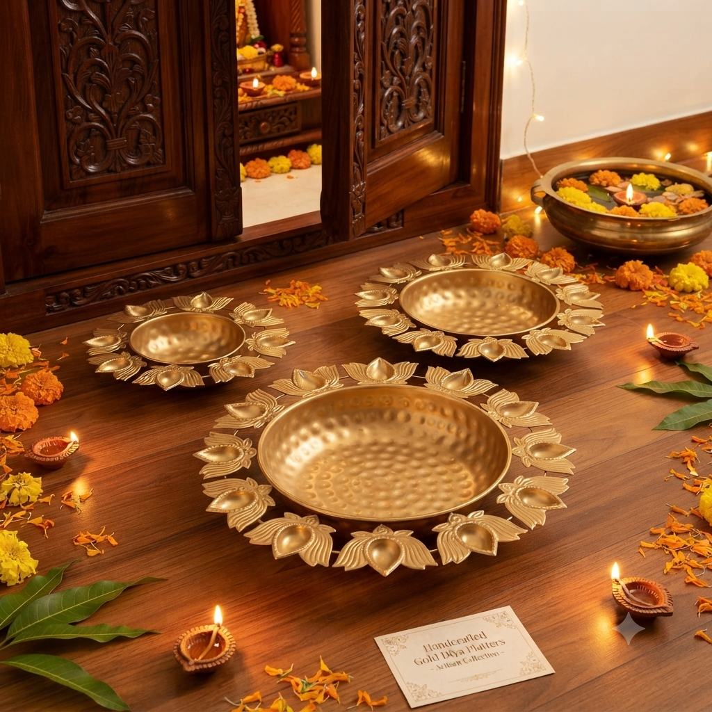Gold Metal Urli & Diya Platter Collection – Premium Festive Home Décor (5 Designs)
