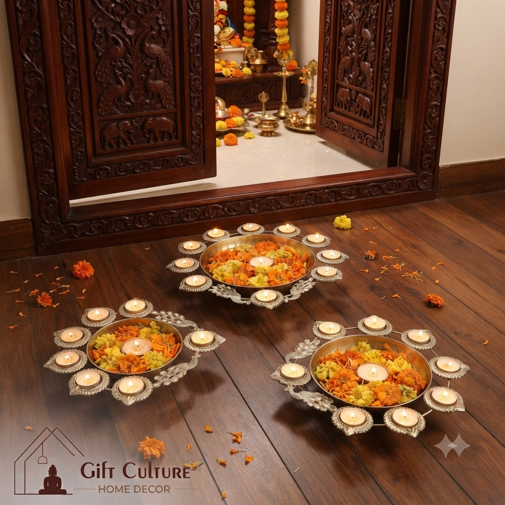 Gold Metal Urli & Diya Platter Collection – Premium Festive Home Décor (5 Designs)