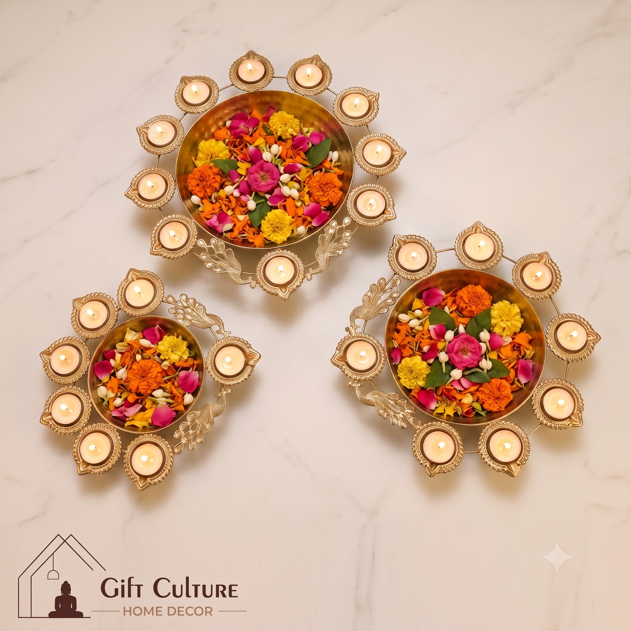 Gold Metal Urli & Diya Platter Collection – Premium Festive Home Décor (5 Designs)