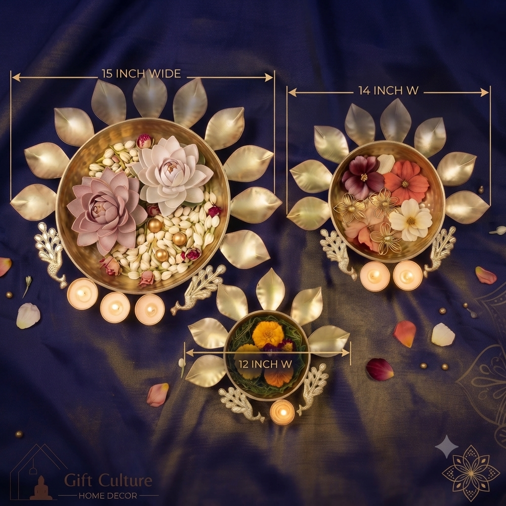 Gold Metal Urli & Diya Platter Collection – Premium Festive Home Décor (5 Designs)