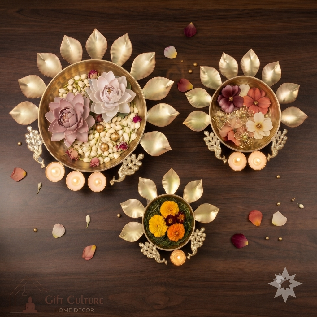 Gold Metal Urli & Diya Platter Collection – Premium Festive Home Décor (5 Designs)