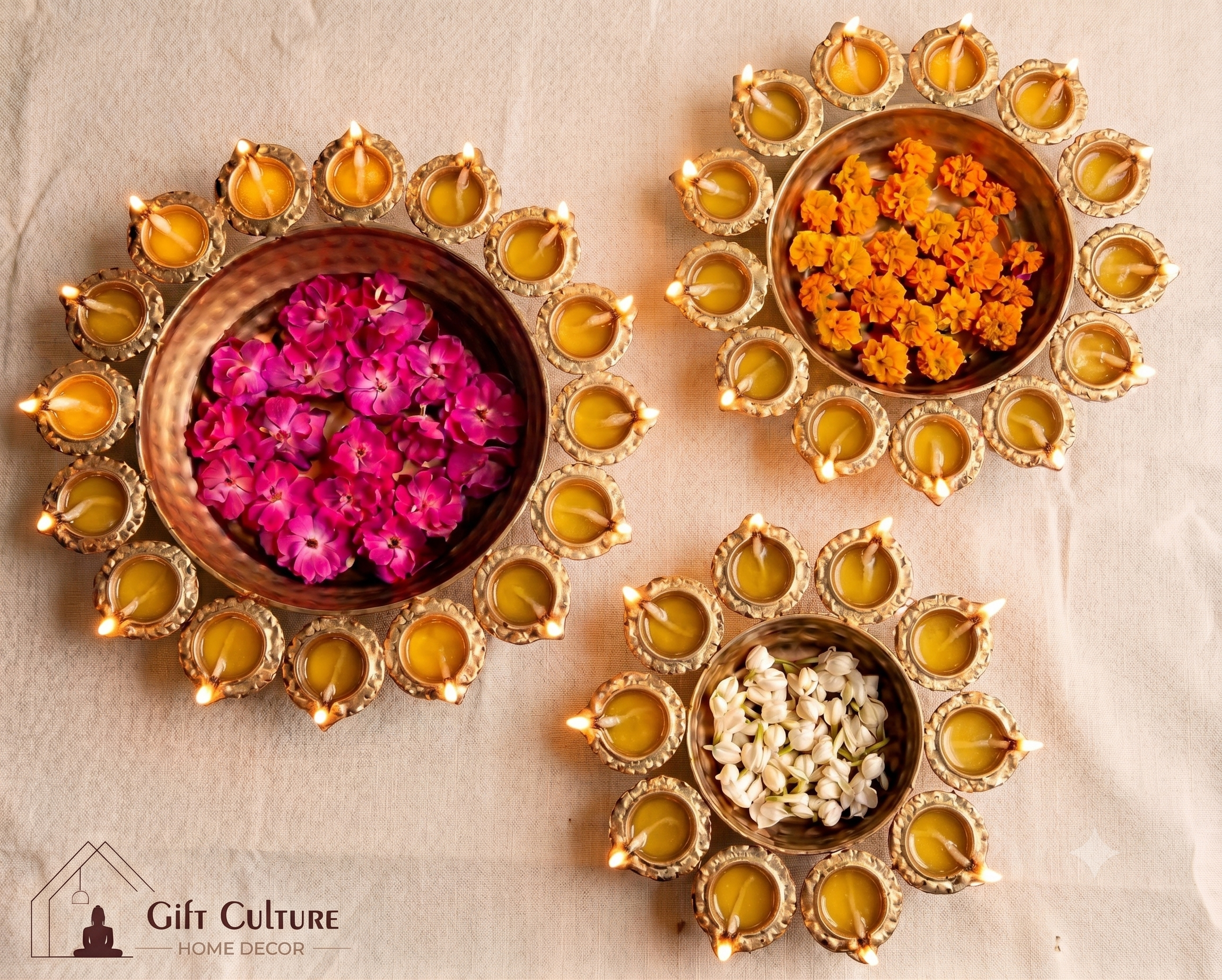 Gold Metal Urli & Diya Platter Collection – Premium Festive Home Décor (5 Designs)