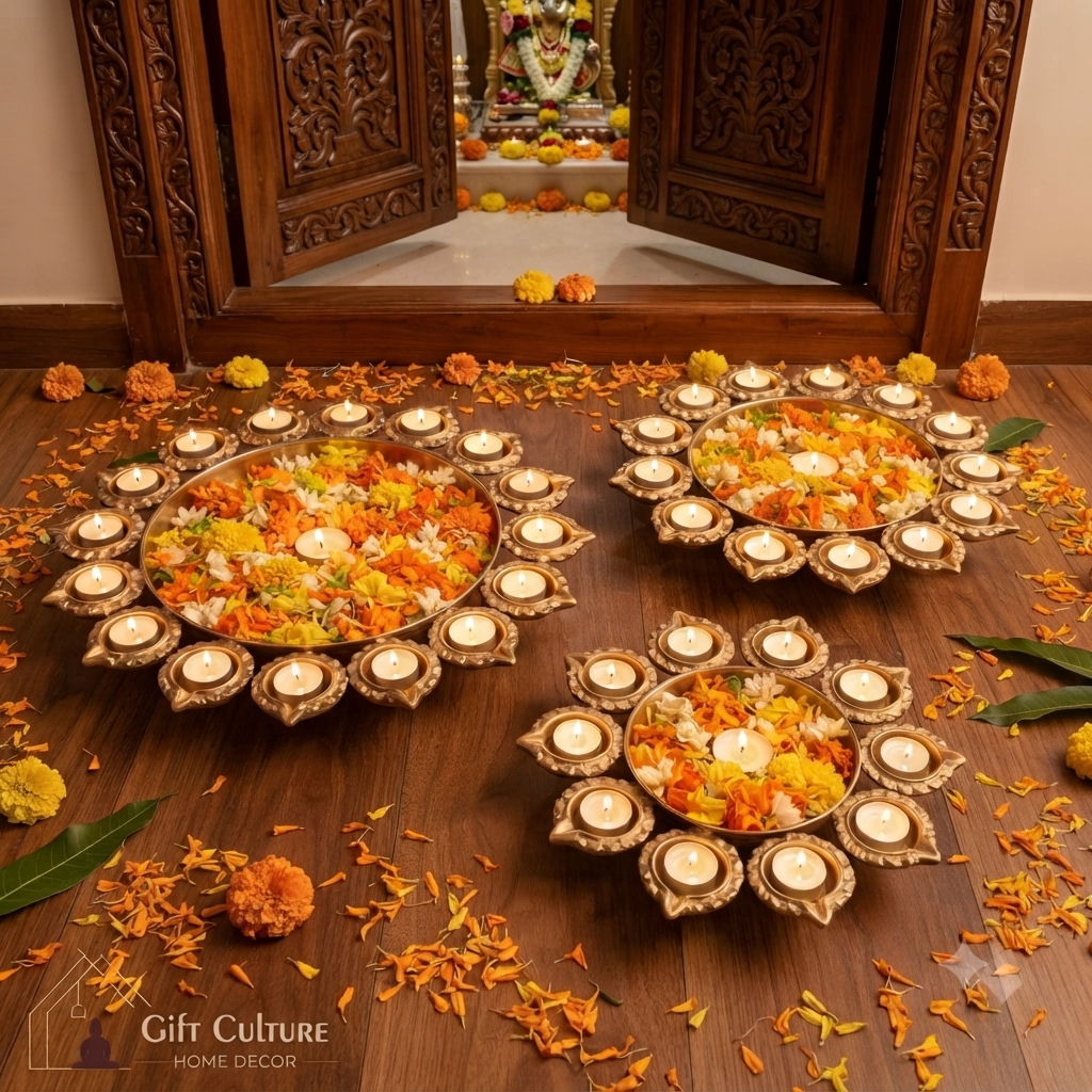 Gold Metal Urli & Diya Platter Collection – Premium Festive Home Décor (5 Designs)