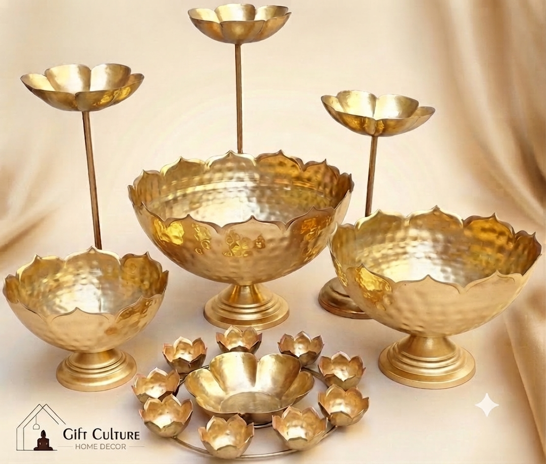 Gold Metal Urli Décor Set – Premium 9‑Piece Festive Home Display Collection